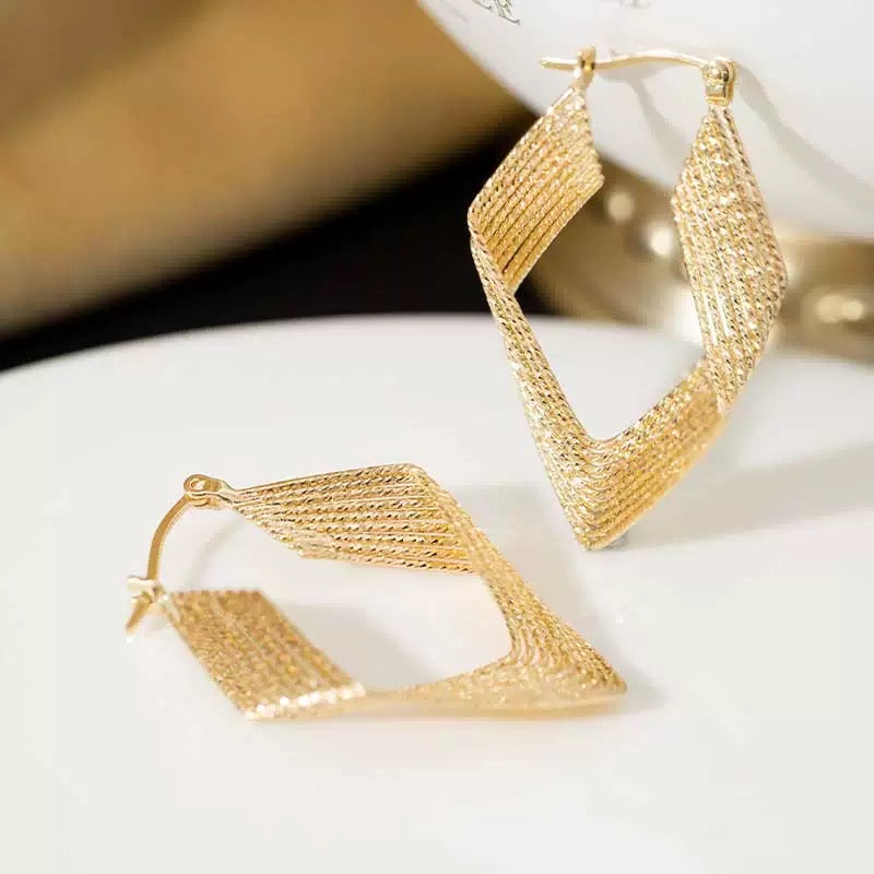Gold Textured Diamond Hoop Earrings