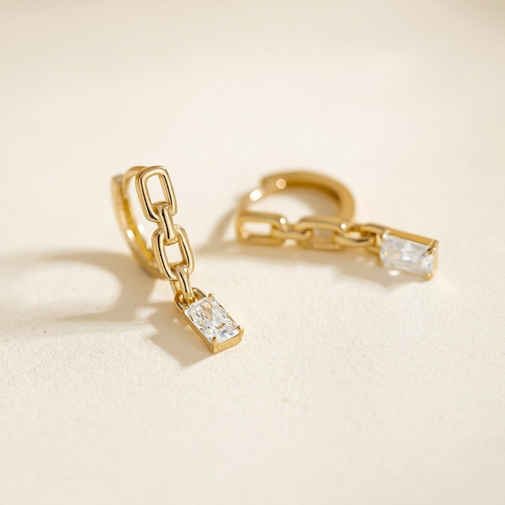 Link Chain Earrings with Dangling Stone